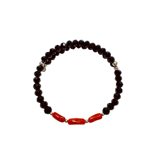 Bracelet jonc corail & cristaux noirs